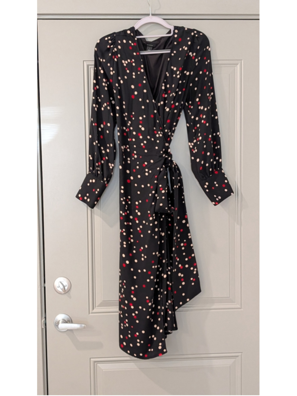 Halogen Black Polka Dot Faux Wrap Midi Dress Long Sleeve Tie Waist Size Small